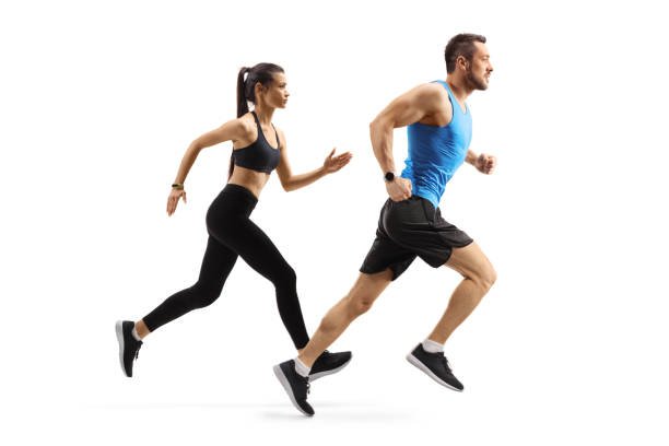Full length profile shot of fit man and woman in sportswear running isolated on white background